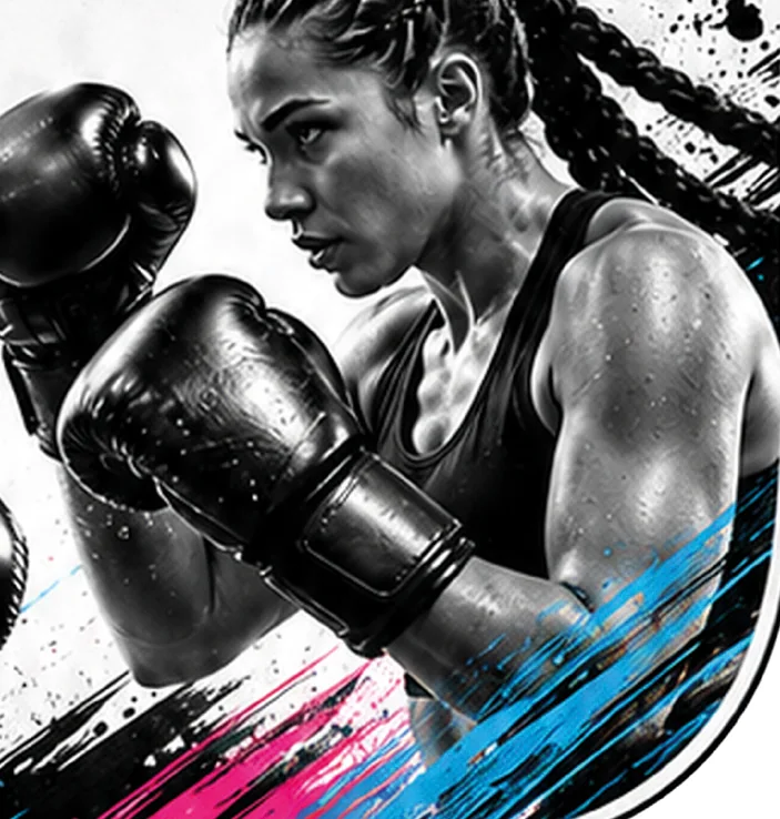 Boxeuse concentrée, gants levés en garde