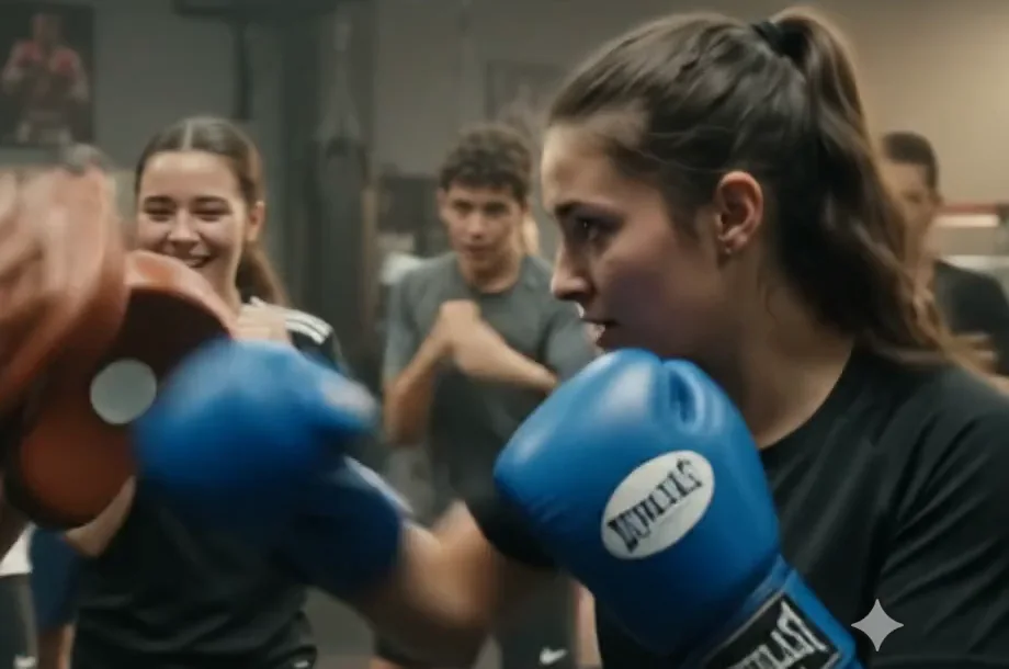 Adolescente aux gants bleus à l'entraînement, les jeunes du groupe derrière elle